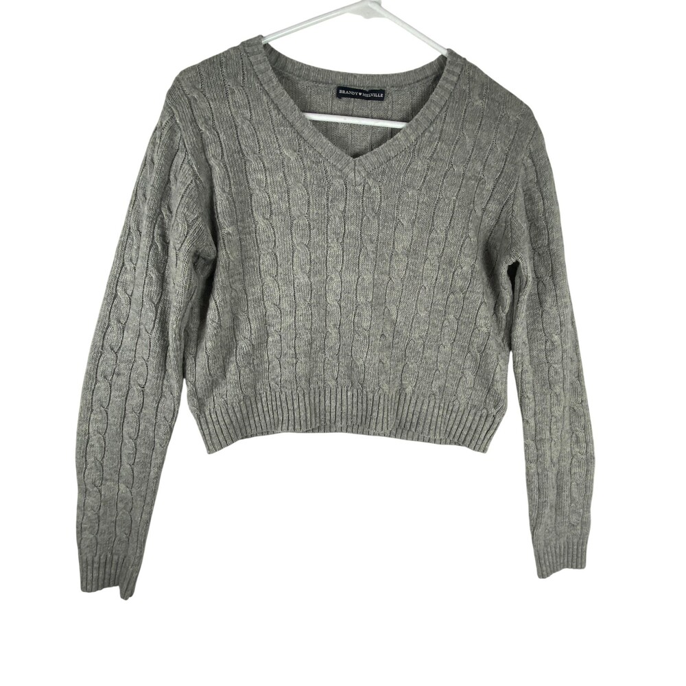 Brandy Melville Sweater Womens One Size Gray Cable Knit V Neck Cropped Pullover